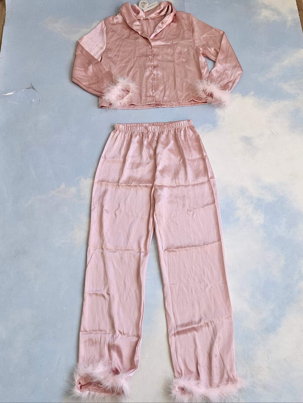 Pink Feather Trim Satin Pajama Set